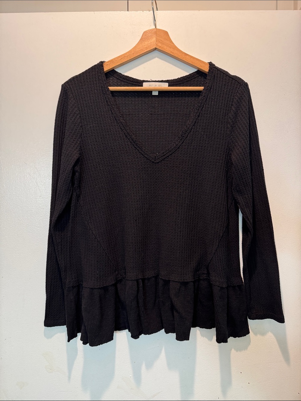 Anthropologie Black V-Neck Long Sleeve Ruffle-Hem Top
